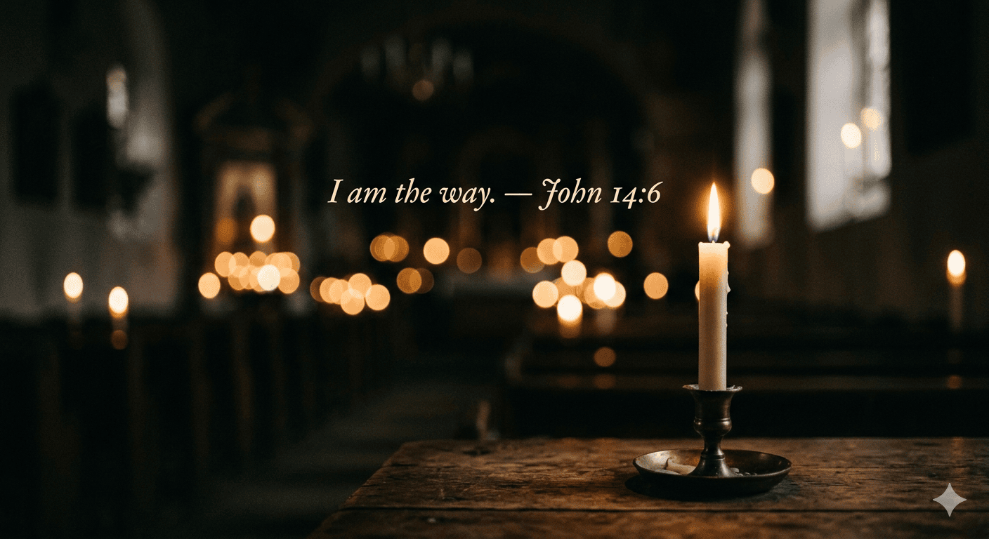 A lit candle in a church with blurred candles in the background. Transcribed Text: I am the way. — John 14:6