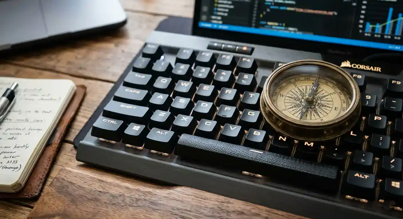 Una brújula sobre un teclado, ilustrando la idea de que se escribe con intención