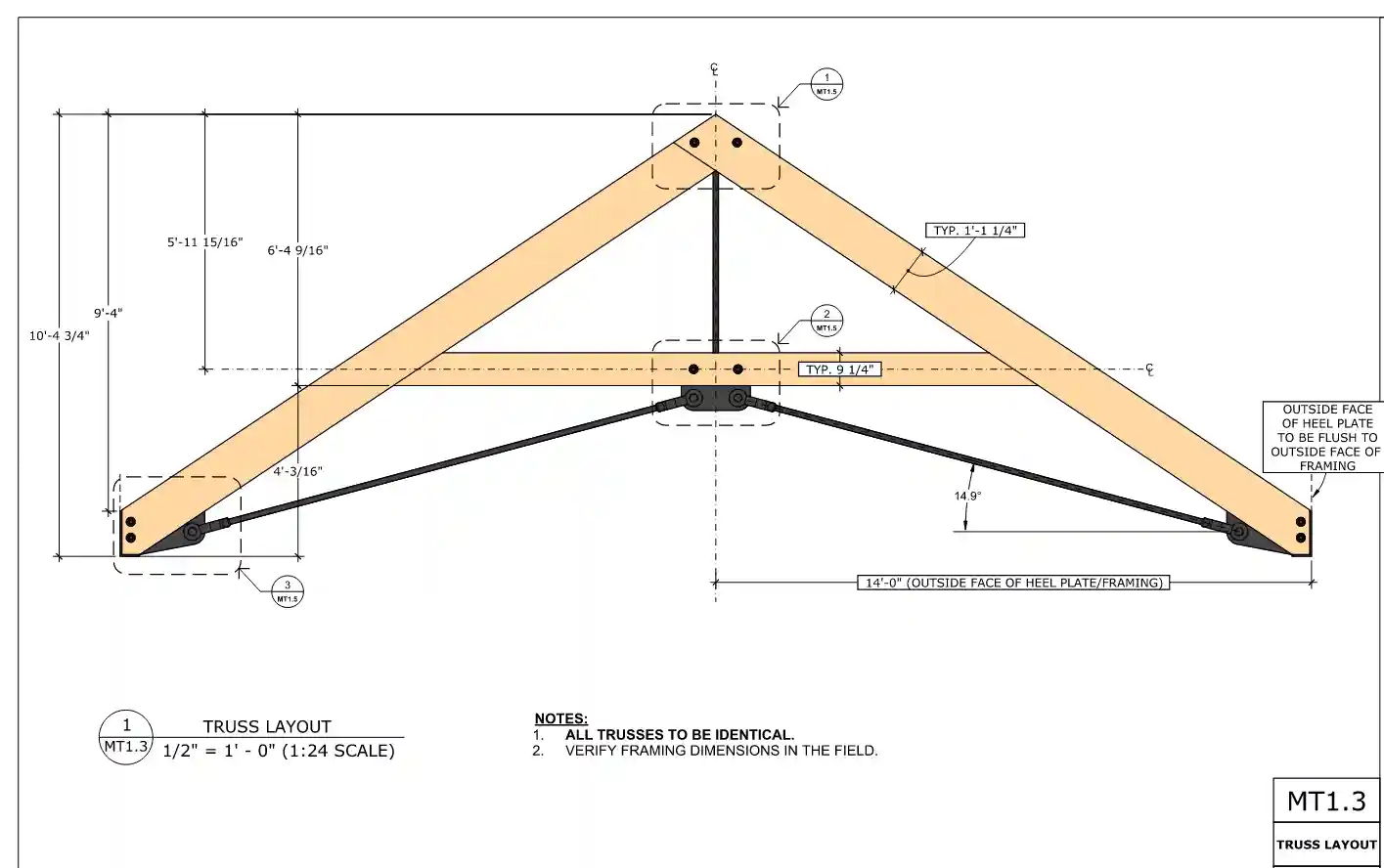 Dimensioned king-post timber truss shop drawing for the Wilson residence, showing steel tension rods and connection locations