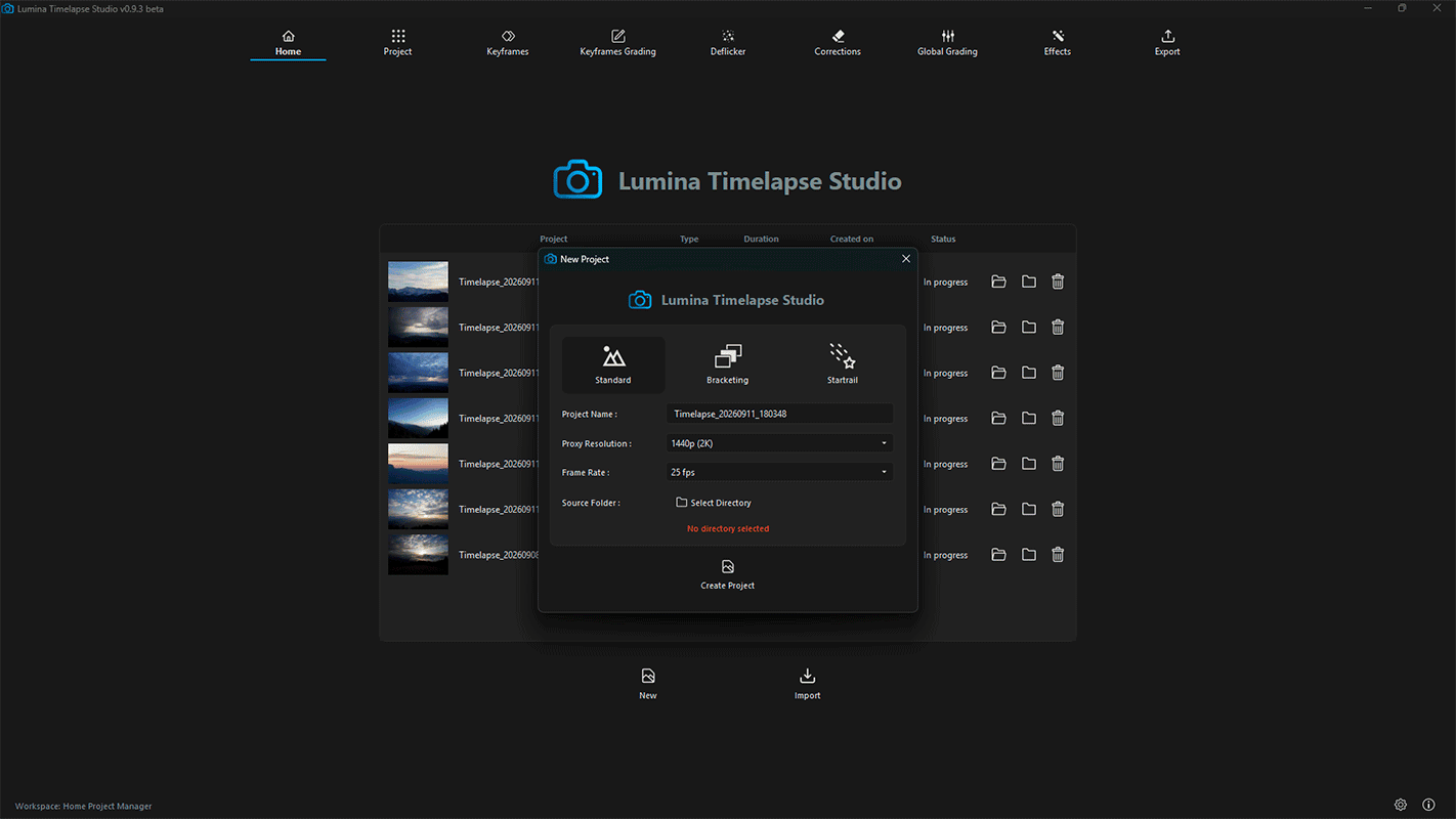 Project selection interface showing Startrails, HDR Bracketing, and Standard modes