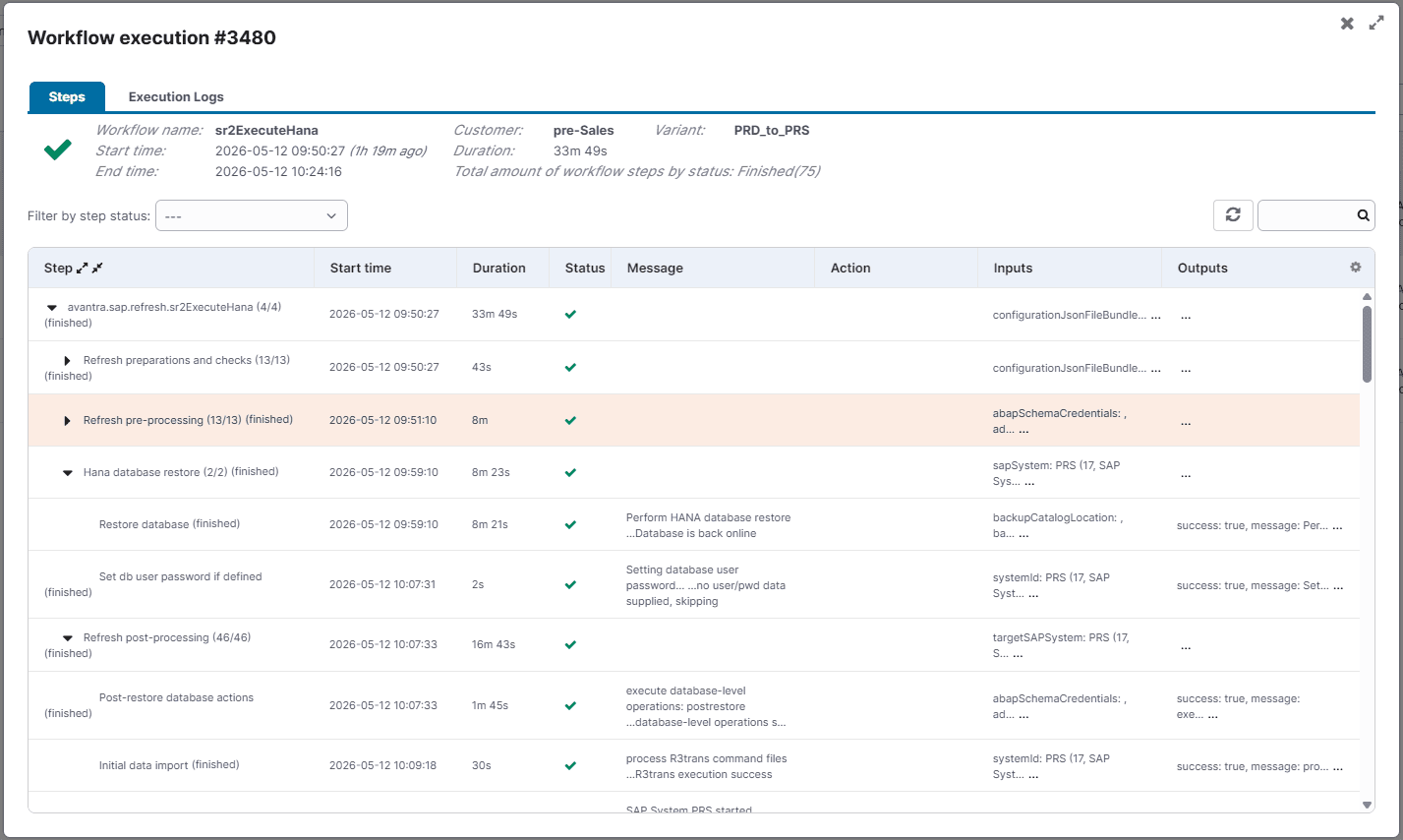 Avantra platform UI showing successful execution logs for an automated SAP system refresh workflow including HANA database restore steps.