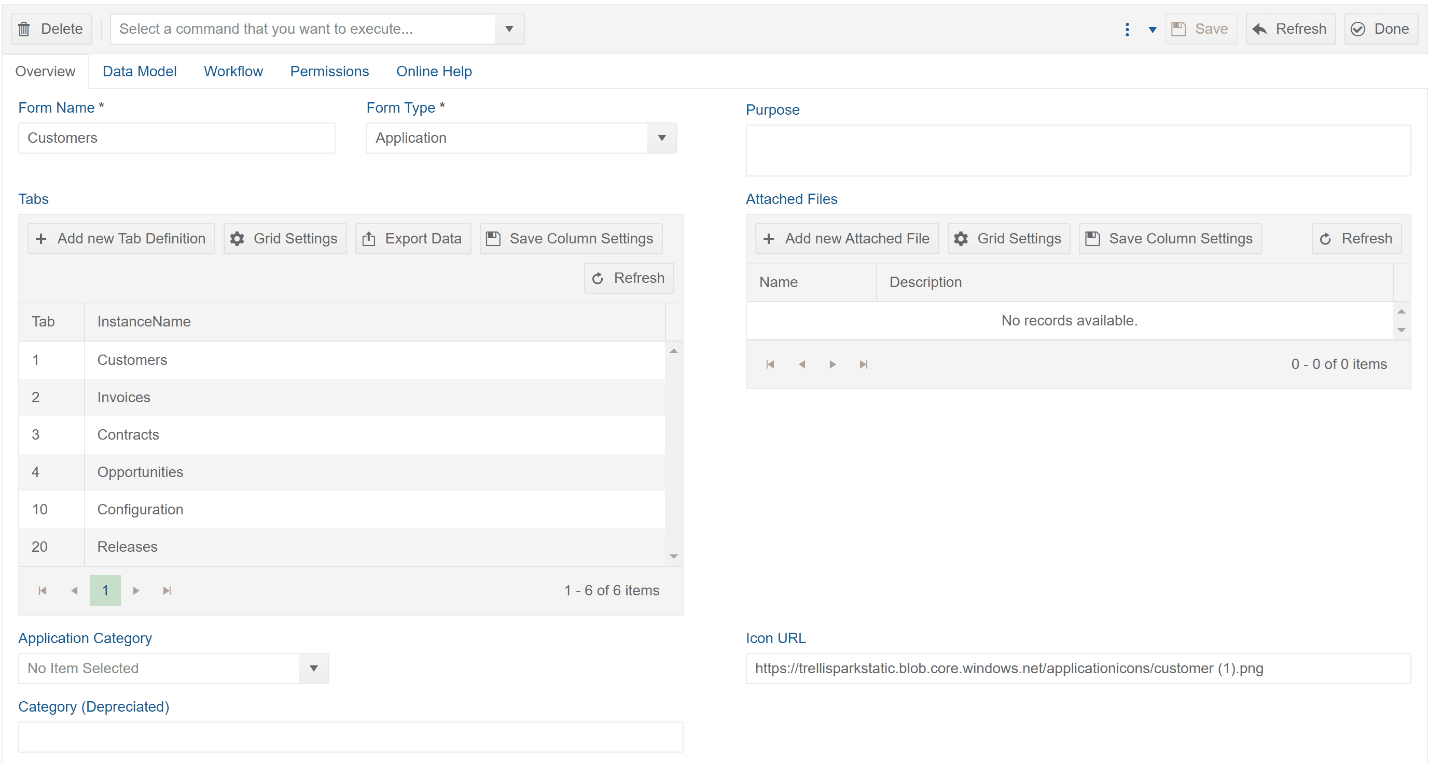 Application form definition overview page, showing the form name, type, purpose, tabs, attached files, application category, and icon URL