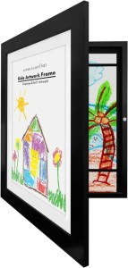 Kids artwork display frame showcasing colorful children's drawings of a house, sun, trees, and a palm tree, perfect for art exhibits and educational settings.