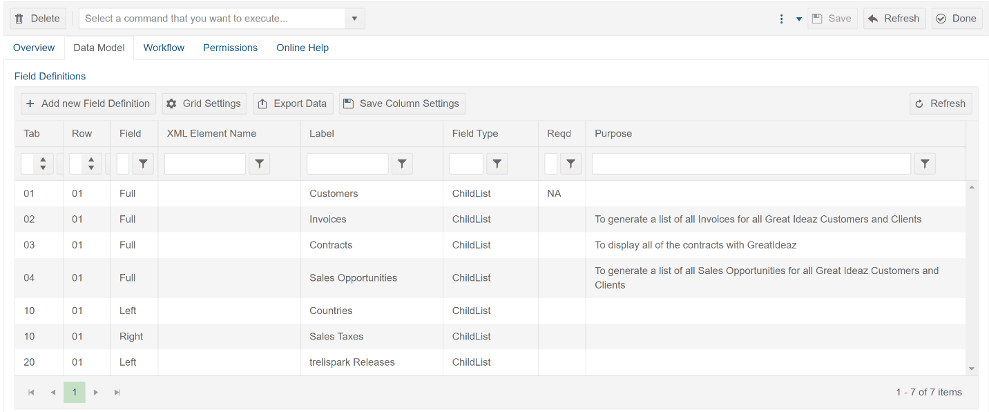 Application form definition data model tab, displaying the field definitions table