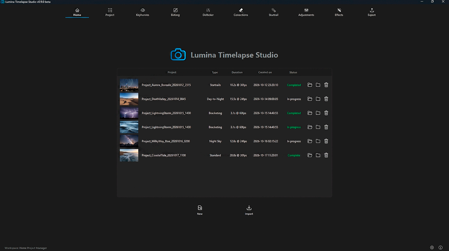 Project selection interface showing Startrails, HDR Bracketing, and Standard modes