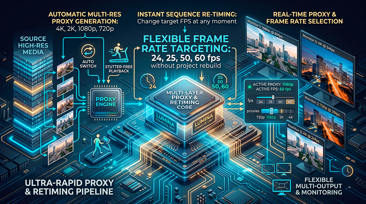 Configurable proxy resolution settings and playback performance panel