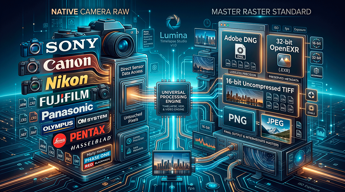 Universal camera RAW format compatibility and decoding in Lumina