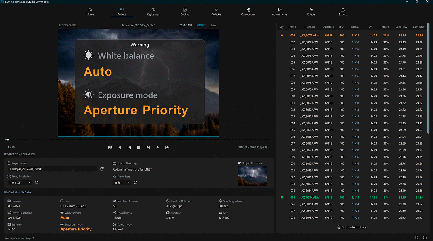 Capture warnings and exposure anomaly detection markers on timelapse timeline