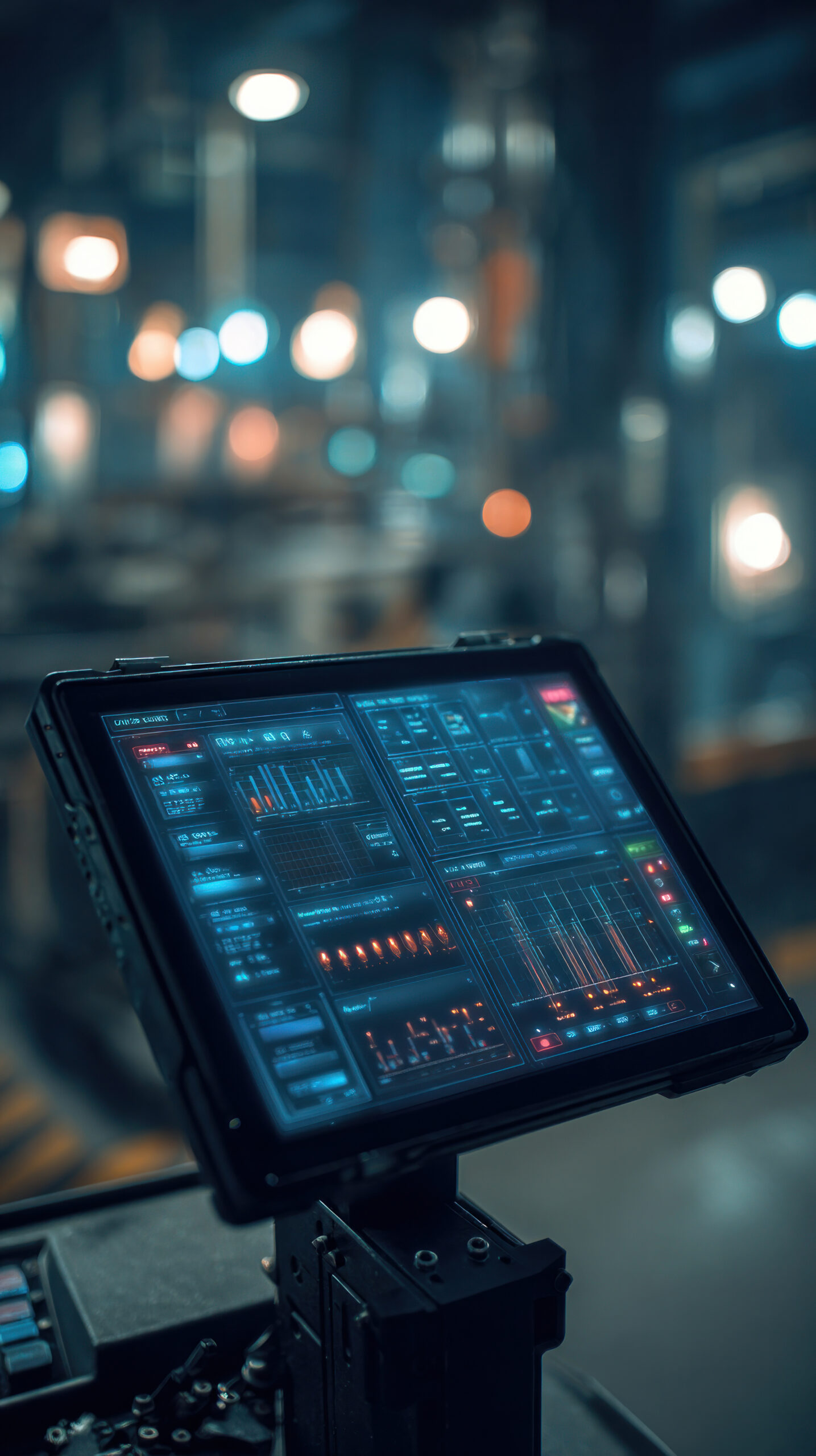 Dashboard zur Überwachung industrieller Betriebsabläufe, das in einer „Dark Enterprise“-Umgebung Systemkennzahlen und Warnmeldungen in Echtzeit anzeigt