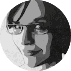 Black and white graphic illustration of a person's face with glasses, short hair, and a slight smile, shown within a circular frame.