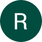 A white capital letter "R" centered on a dark green circular background.