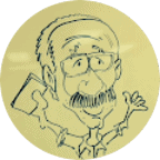 A cartoon drawing of a smiling man with glasses, a mustache, and balding hair, holding a book and raising one hand, sketched on a yellow circular background.