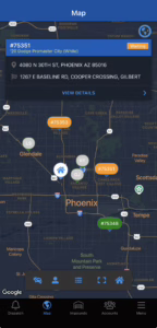 TowBook live dispatch map showing active tow trucks across the Phoenix Valley with real-time ETAs