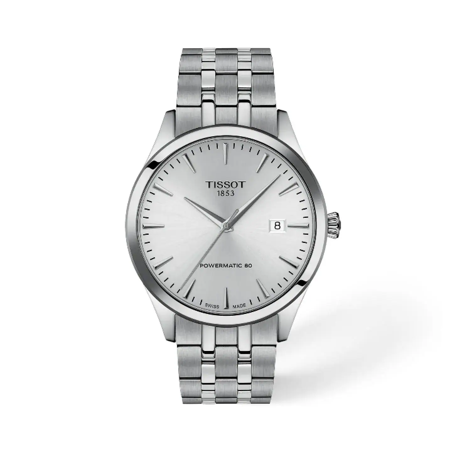 Reloj Tissot Carson Premium Powermatic 80 en acero con esfera plateada, índices delgados y ventana de fecha