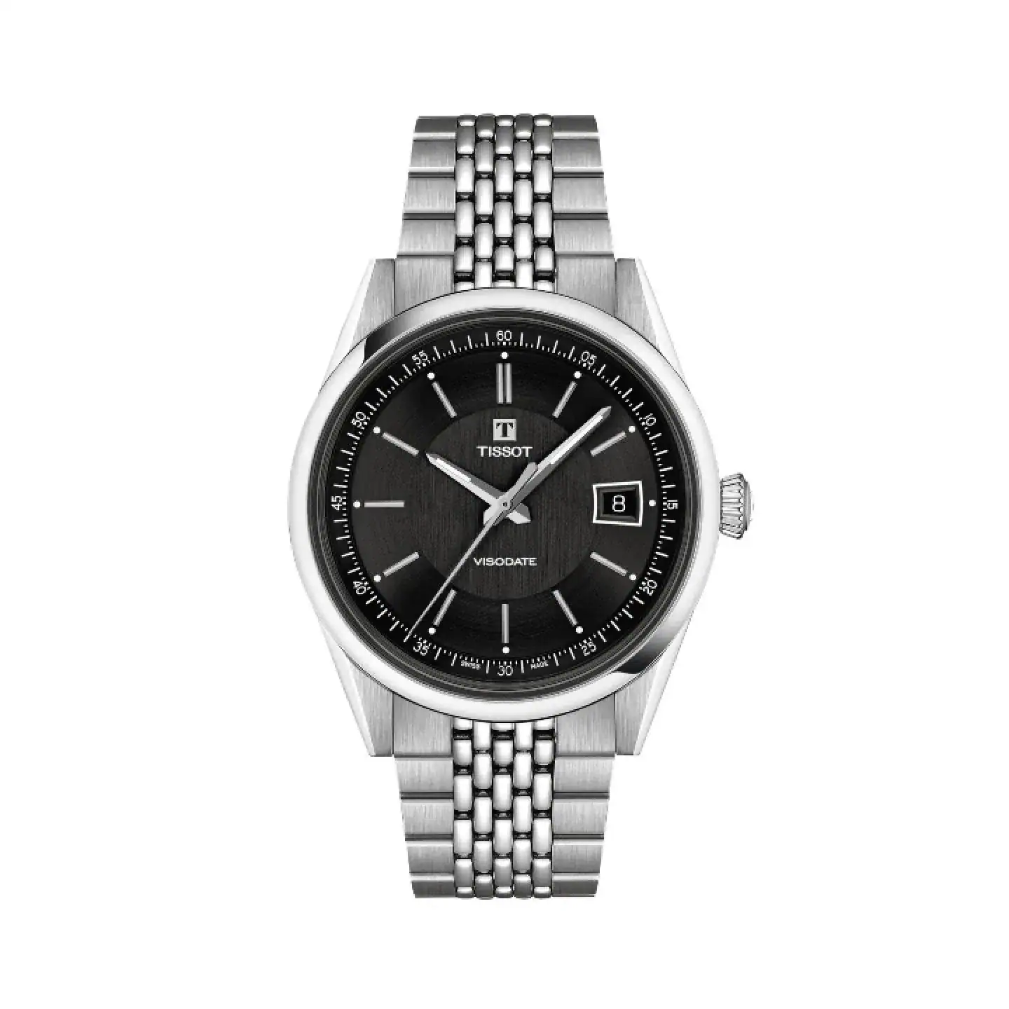 Reloj Tissot Heritage Visodate con esfera negra, ventana de fecha y brazalete de acero de malla