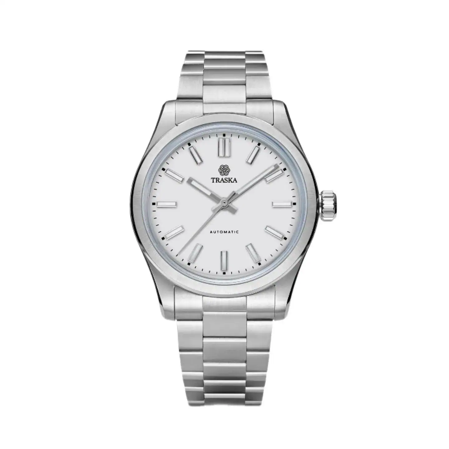 Reloj Traska Commuter con esfera blanca minimalista, caja y brazalete de acero