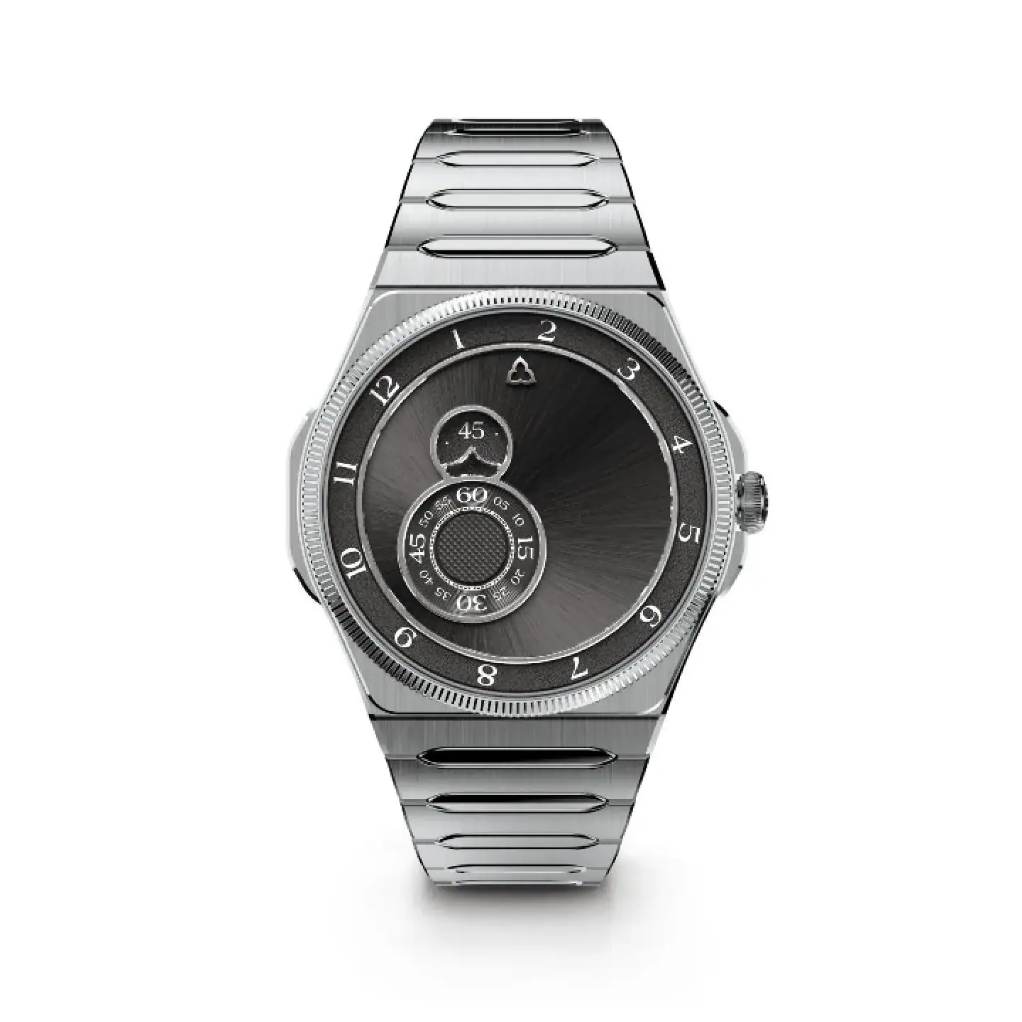 Reloj Trilobe Nuit Fantastique en acero, brazalete integrado y esfera gris antracita con anillos giratorios