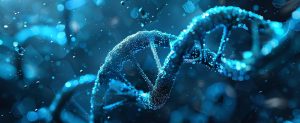 A DNA double helix with a blue background - our genetic core.