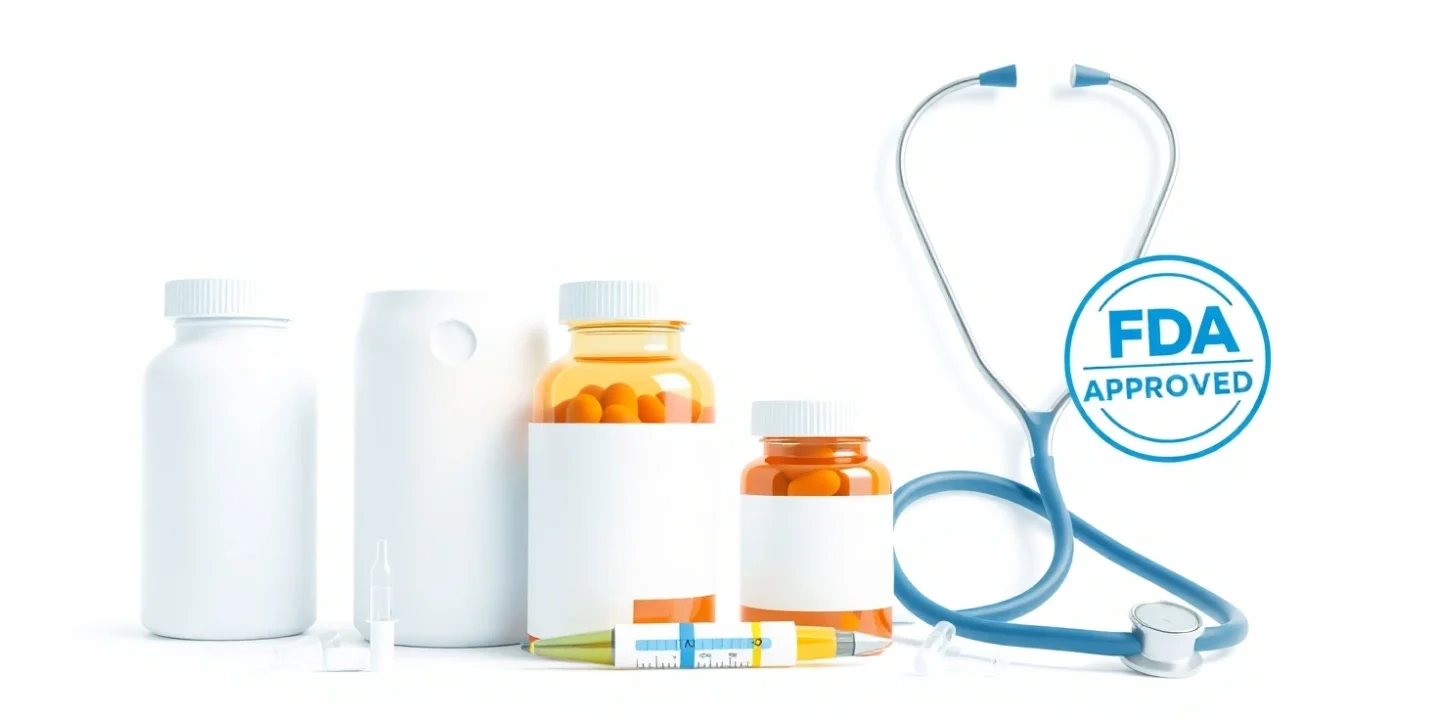 FDA-approved weight loss drugs including pill bottles, injection pen, and digital scale on a white medical background.
