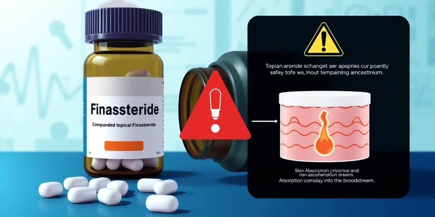 Topical finasteride product with medical warning about absorption risks and potential side effects.