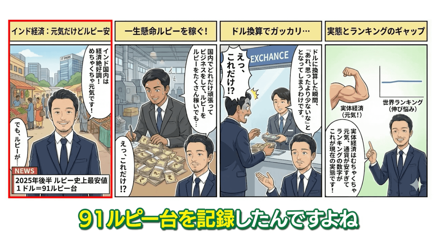 2025年後半、ルピーは対ドルで史上最安値となる91ルピー台を記録