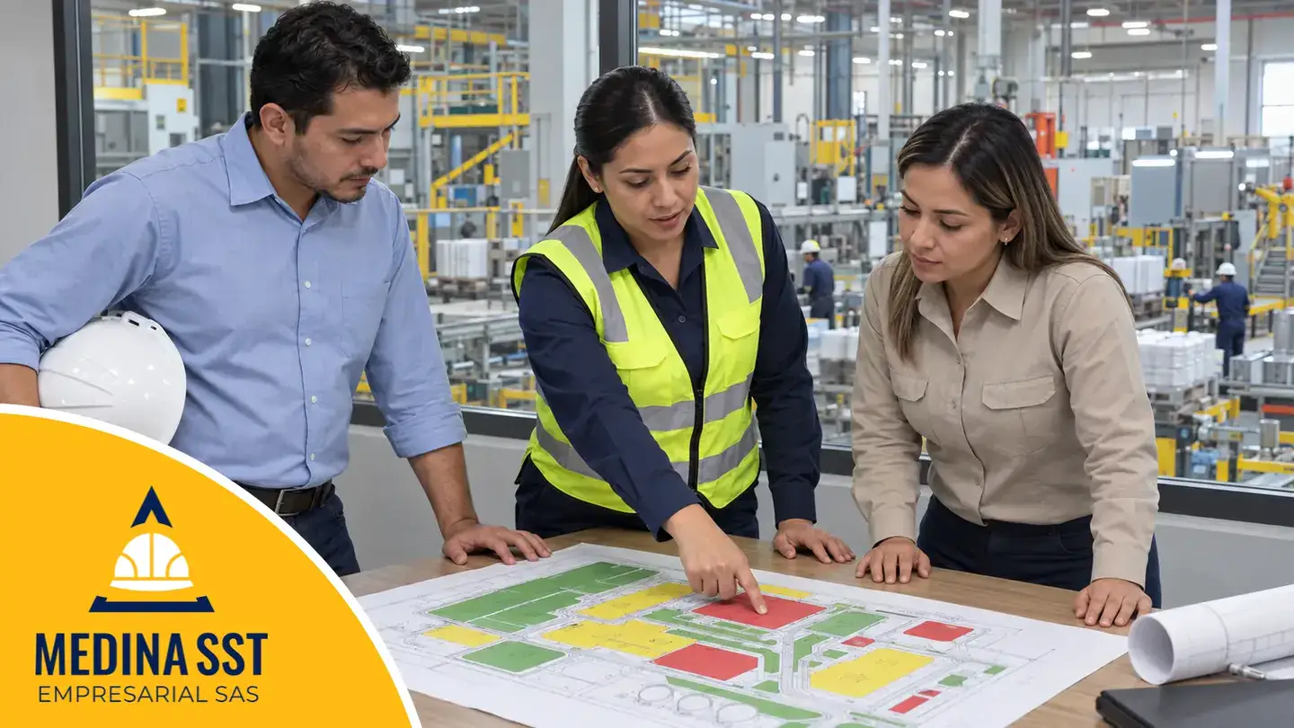 Higienista industrial con chaleco señala una zona roja en el plano de la planta mientras el jefe de producción y una integrante del COPASST revisan los resultados de la medición de ruido
