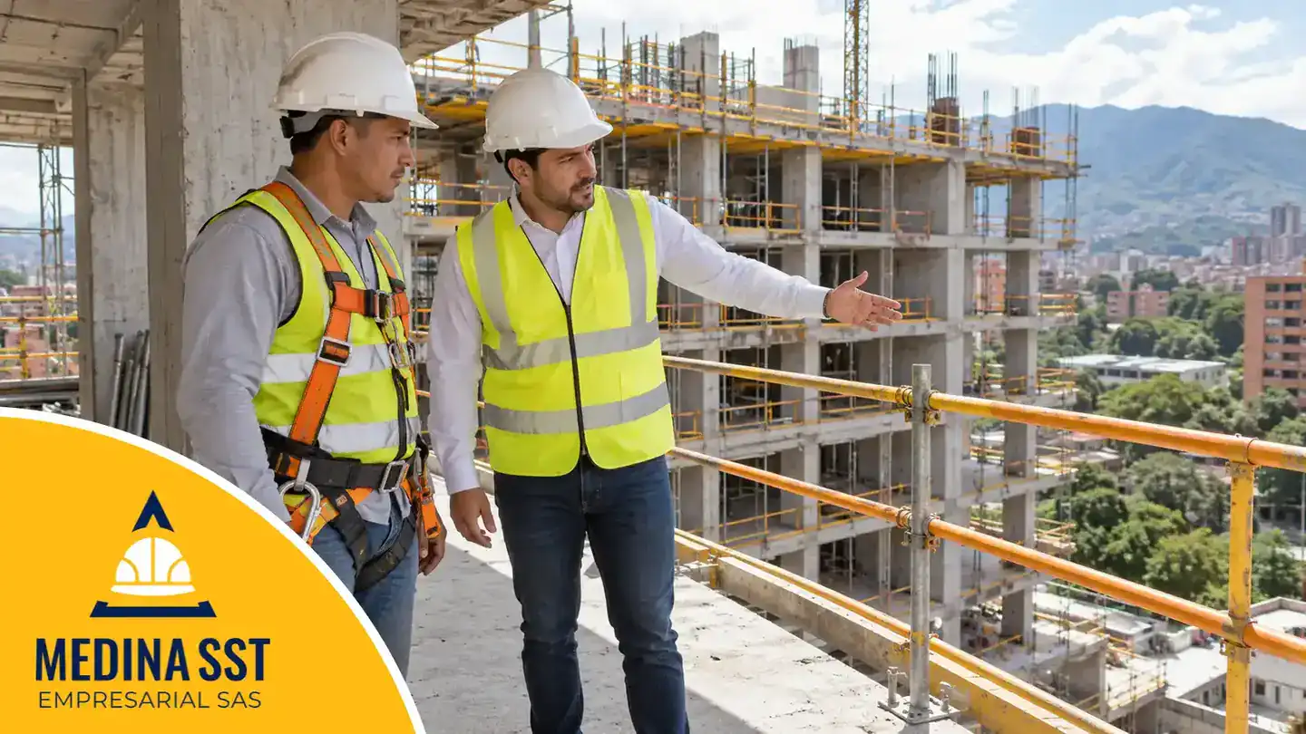 Maestro de obra con arnés y un profesional de SST revisan la baranda de protección en el borde de una losa de un edificio en construcción