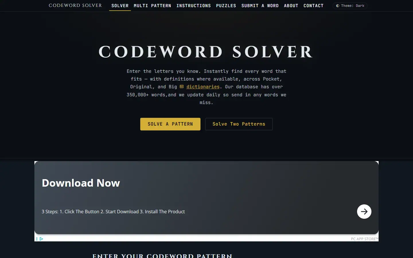 CodeWordSolver website homepage showing the interactive codeword-solving tool