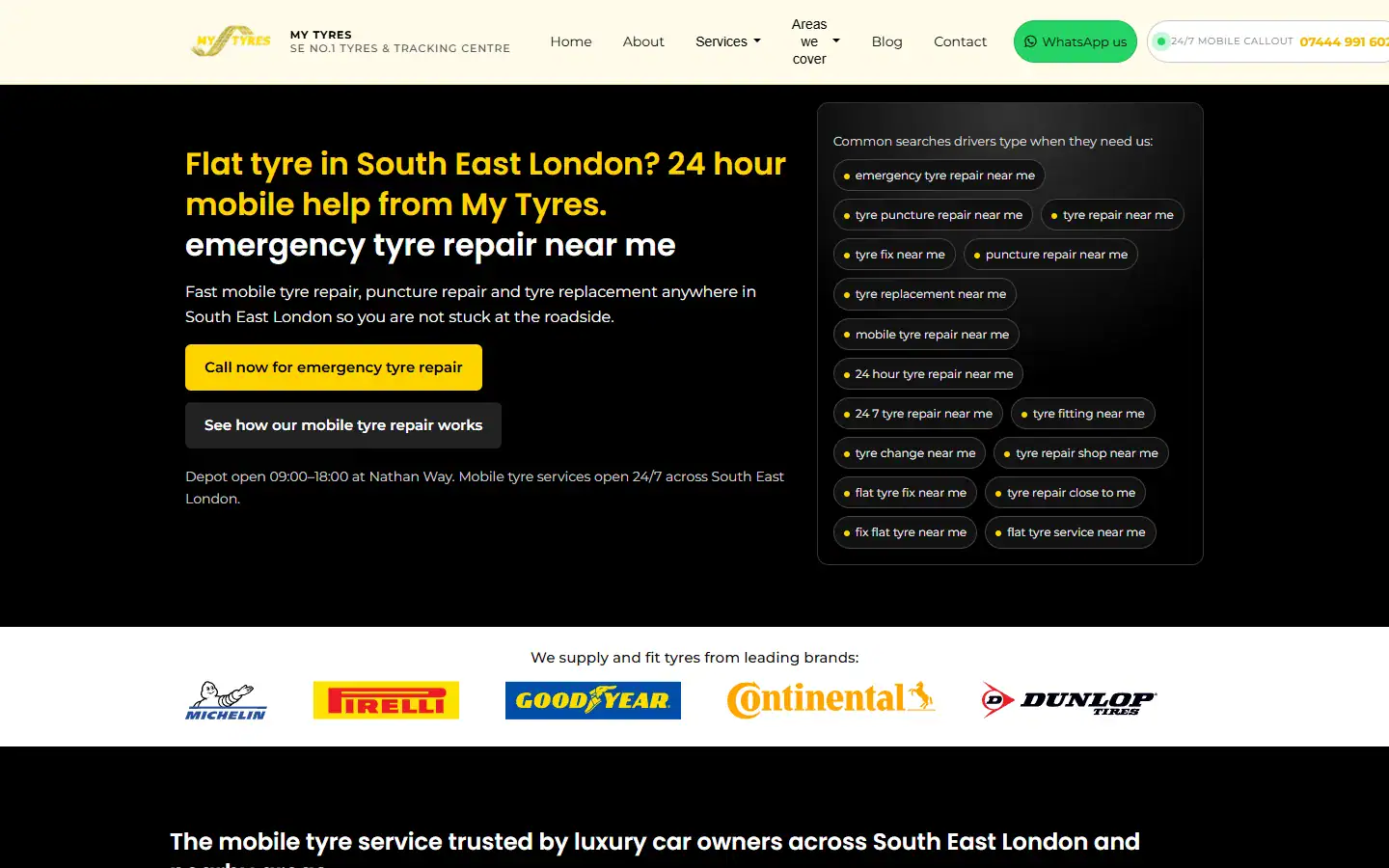 Mobile My Tyres website homepage showing mobile tyre services in South East London