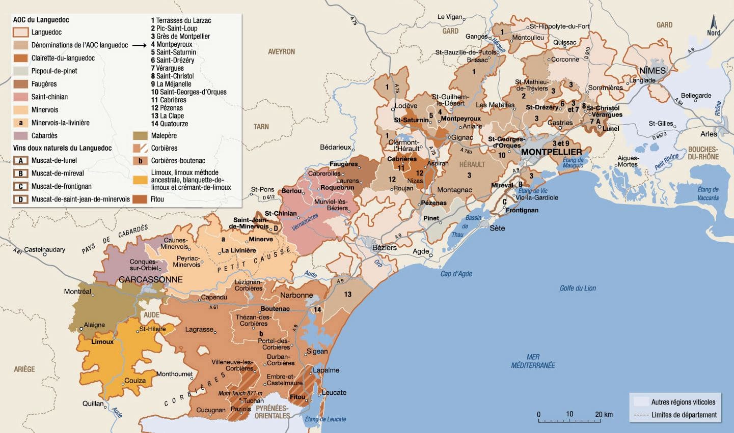 Mapa vinícola del Langedoc-Rosellón