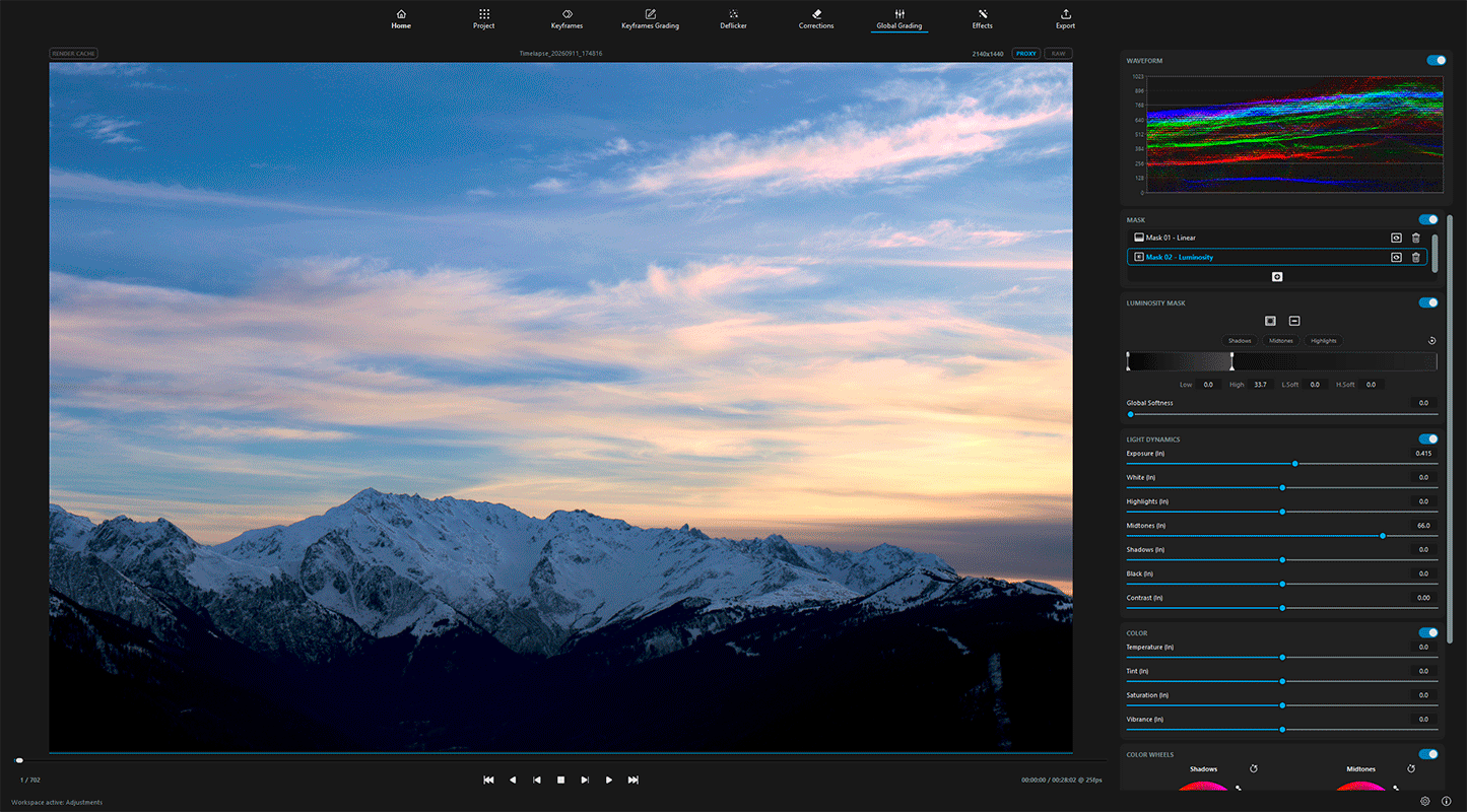 Targeted luminosity and HSL masking controls with visual overlay matte
