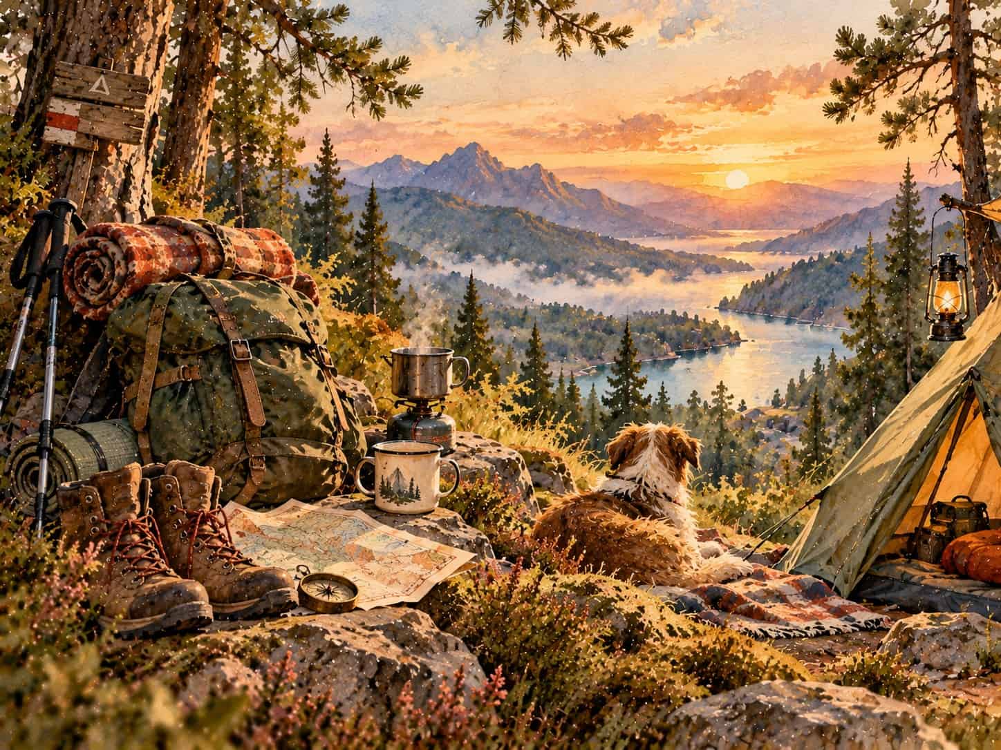 Horský tábor v krajině jako ilustrace outdoorové estetiky.