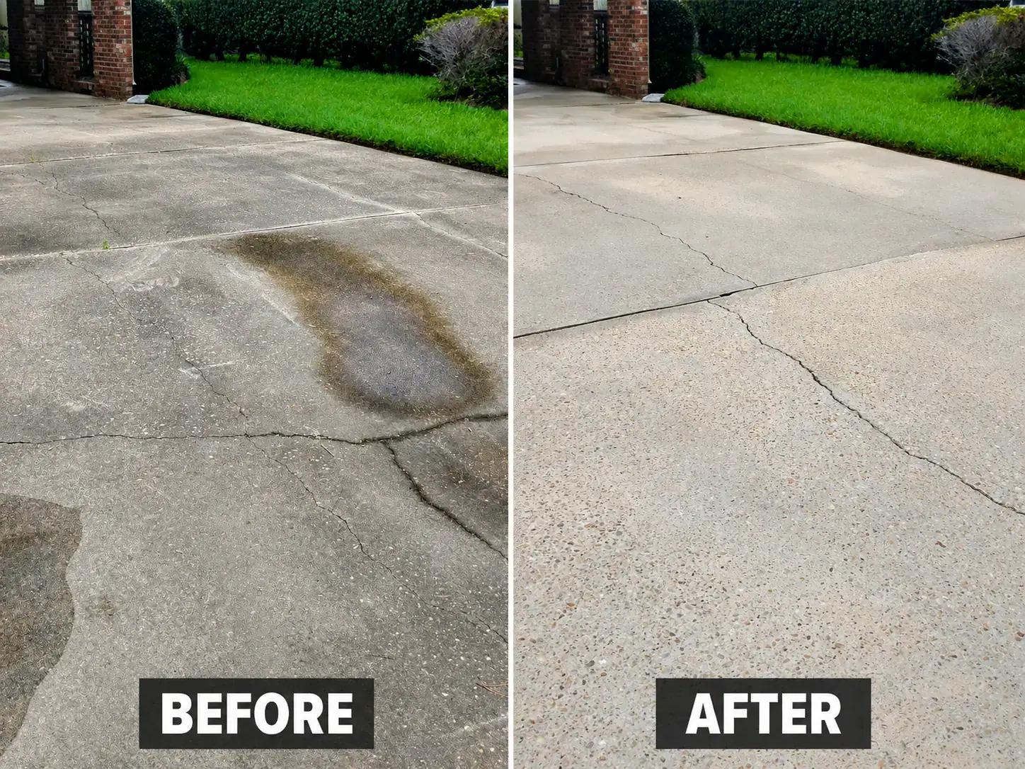 Before and after comparison of a stained concrete driveway following professional exterior cleaning