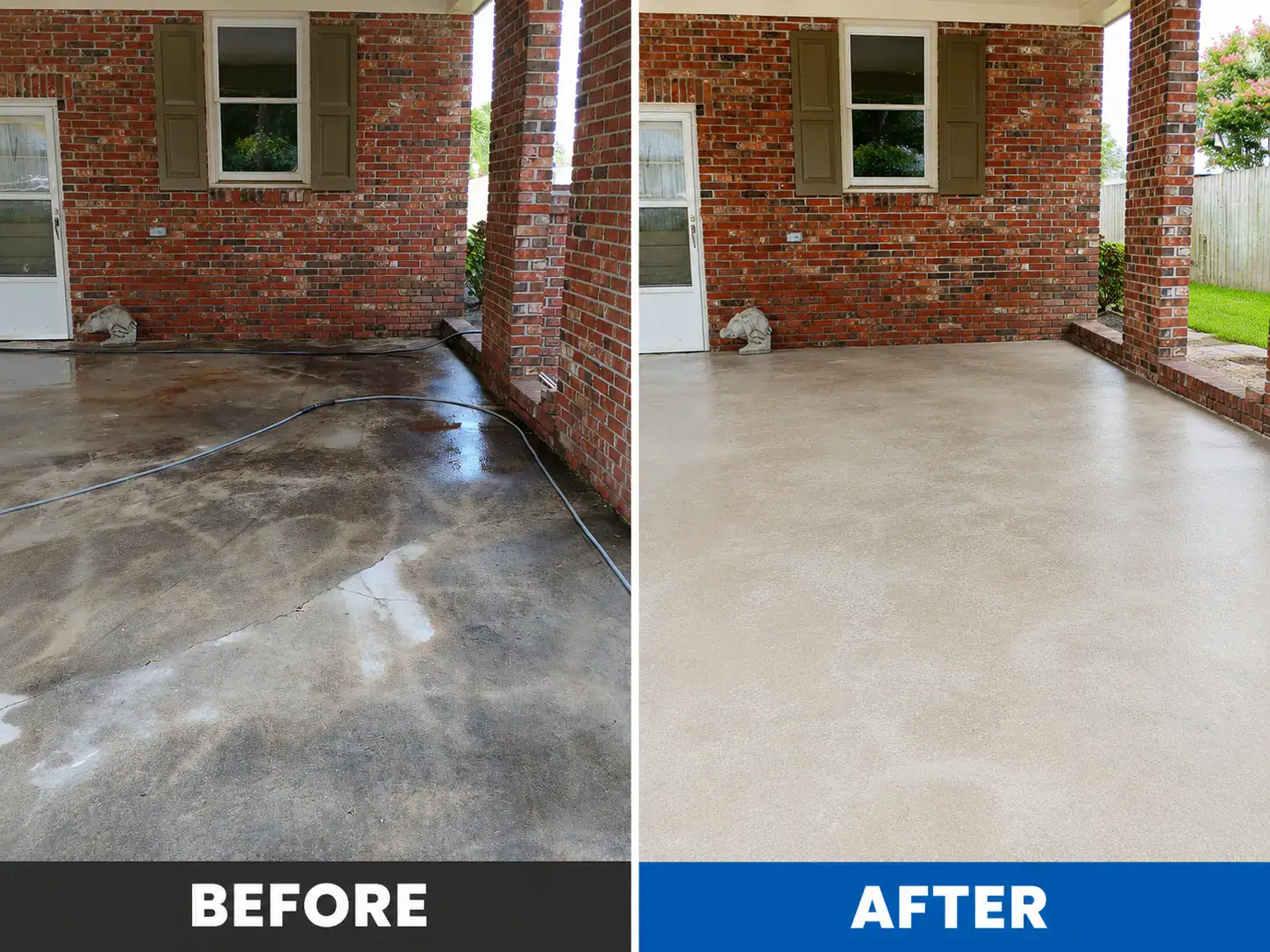 Before and after comparison of a covered concrete patio showing removal of dirt and surface buildup