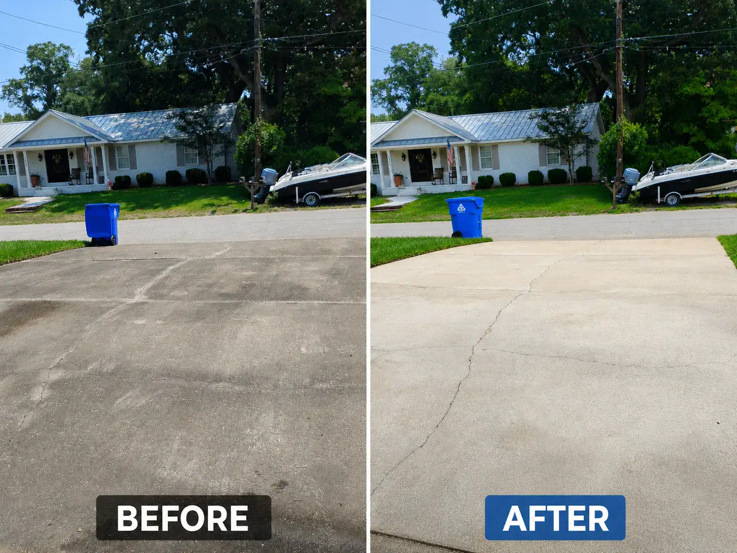 Before and after comparison of a residential concrete driveway cleaned by DSS Exterior Cleaning