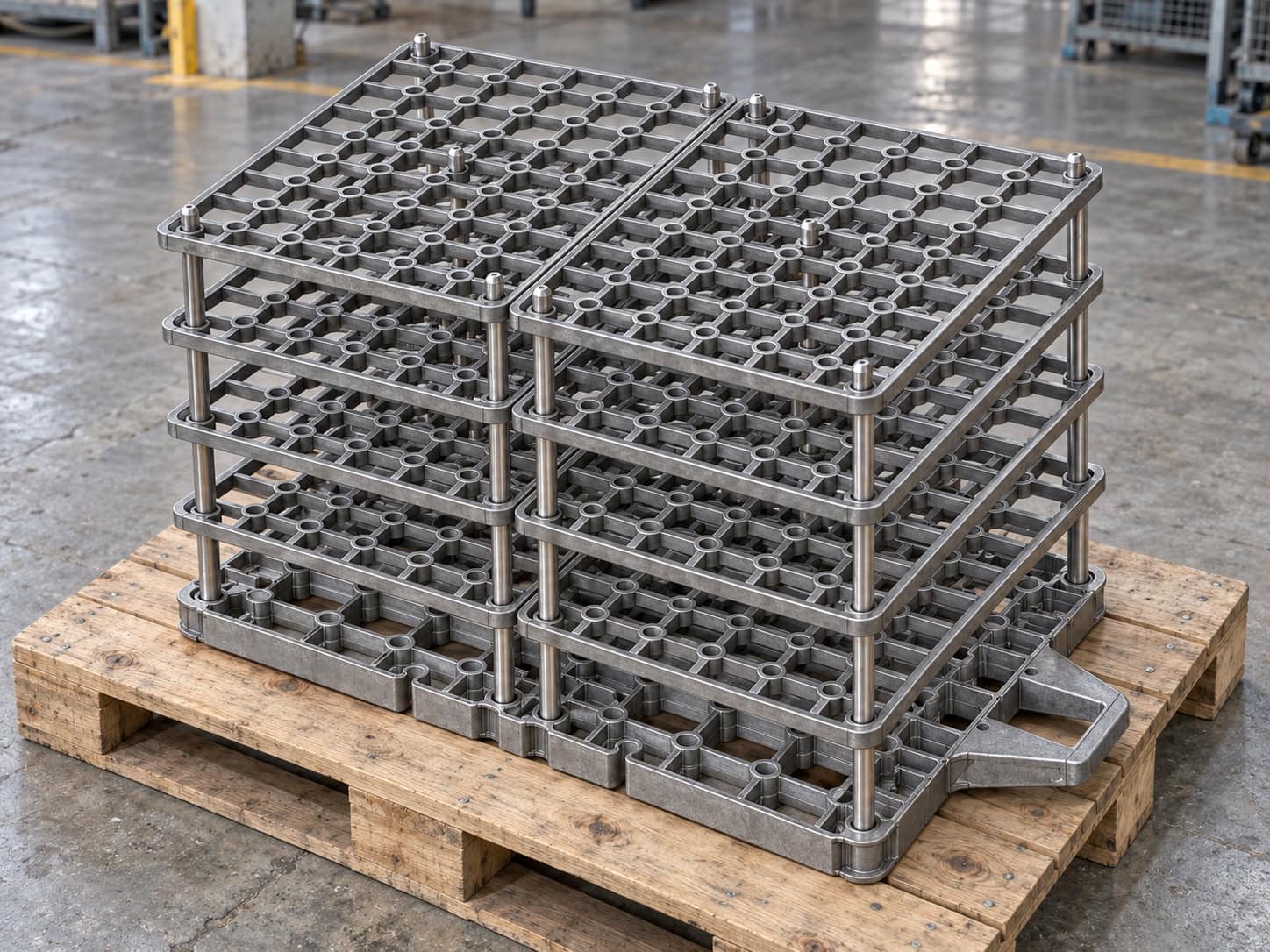 Multi-tier open-grid heat treatment fixtures with locating sleeves on a wooden pallet