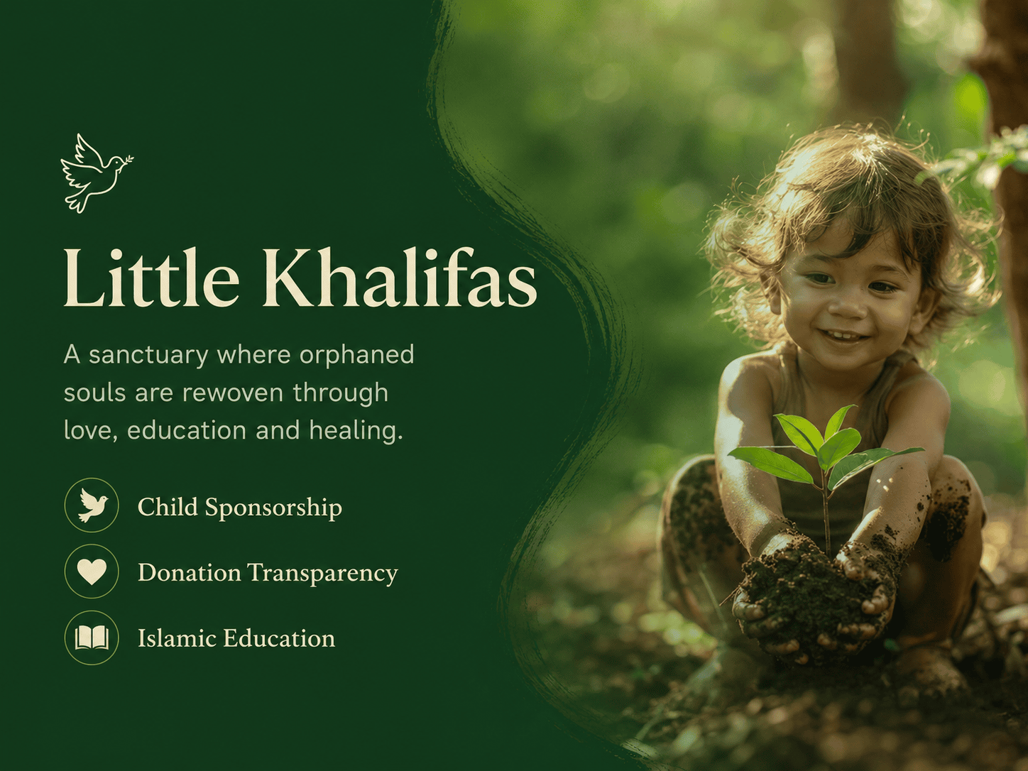 Little Khalifas Islamic orphan sanctuary web platform UI mockup showing hero banner section and plant seedling branding graphics.