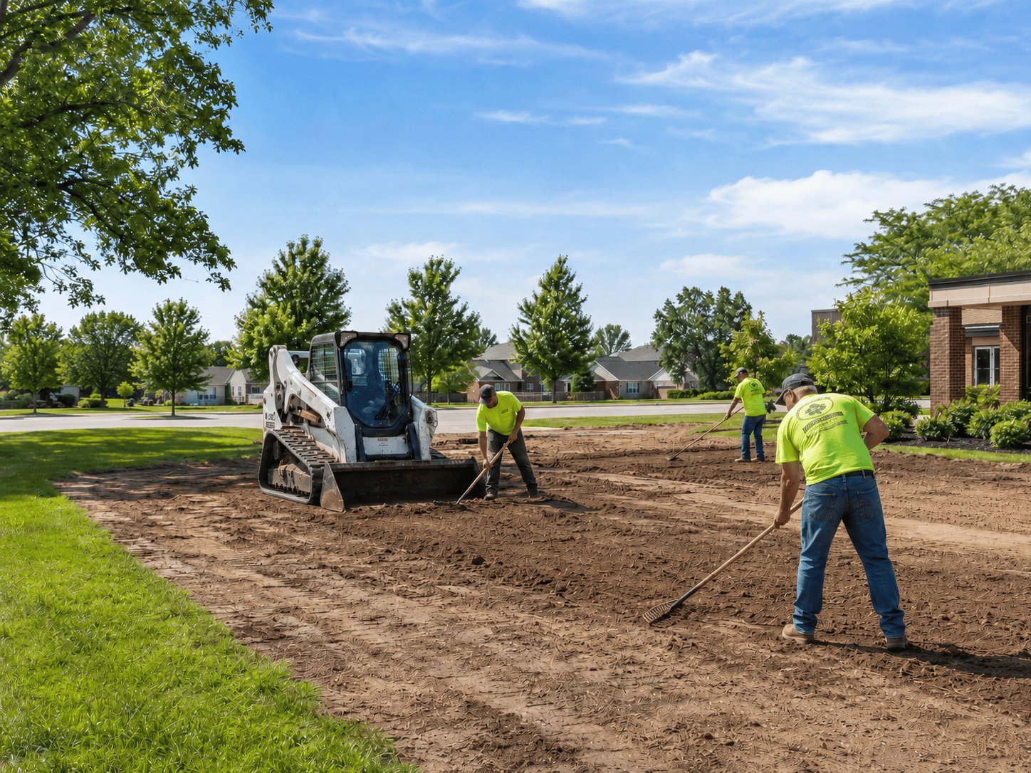 Surface repair after utility work in Central Illinois showing workers grading and smoothing rough ground after property disturbance