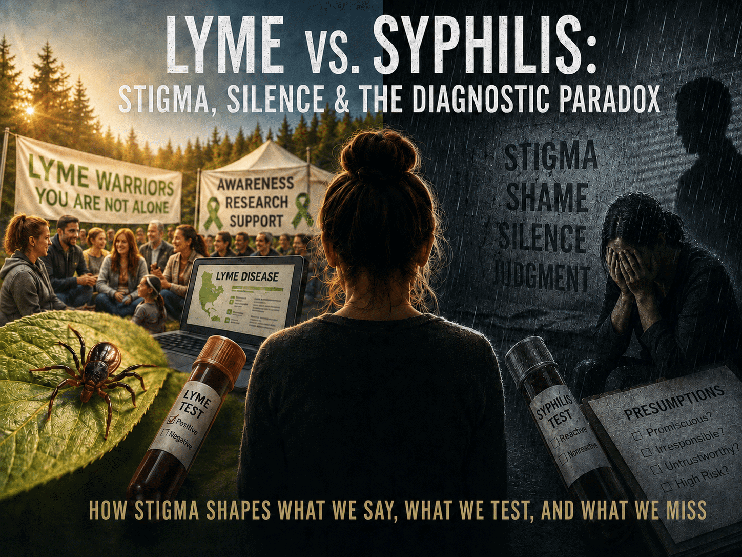 Split-panel illustration contrasting a sunny Lyme disease support community with an isolated person in the rain representing syphilis stigma and silence.