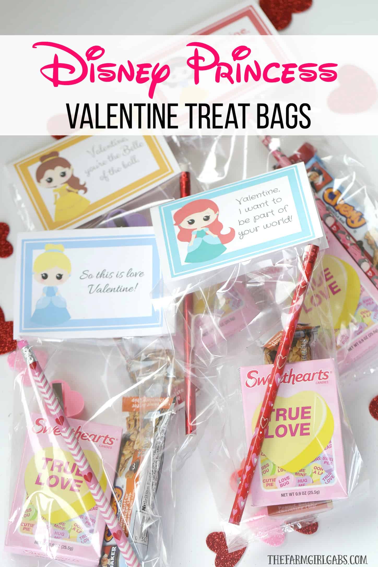 These Disney Princess Valentine Treat Bags are a fun idea for kids to hand out to their friends at school for Valentine’s Day. You can fill these with candy, crafts, or anything you want! 