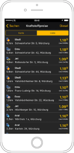 Man kann sich auch die Spritpreise in der Umgebung anzeigen lassen