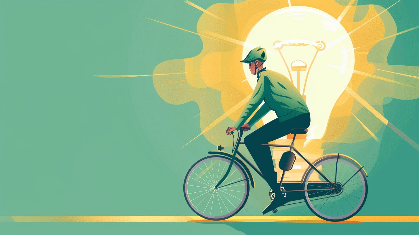 man on bike in front of lightbulb