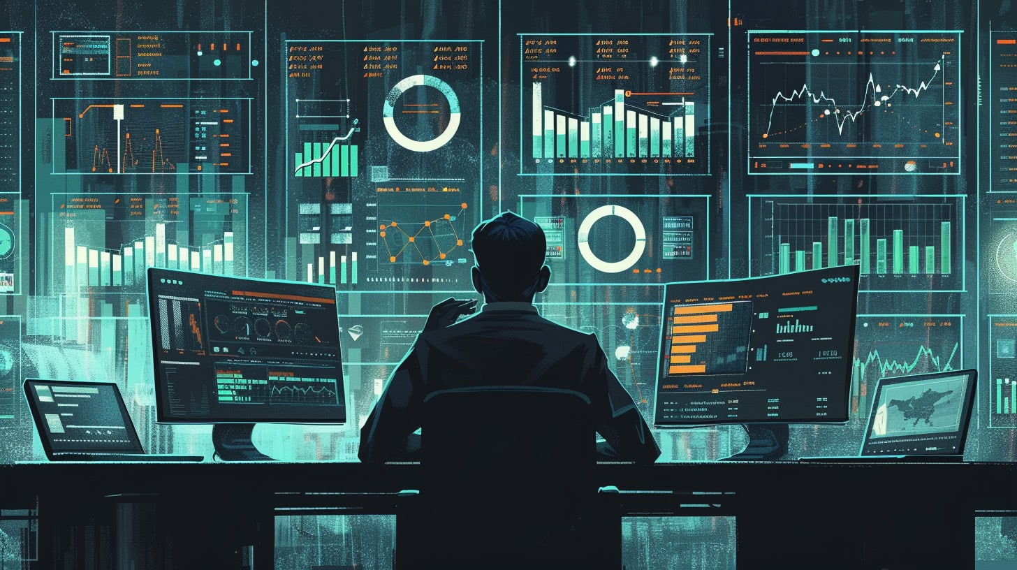 man sitting at desk surrounded by computer screens, graphs, and data