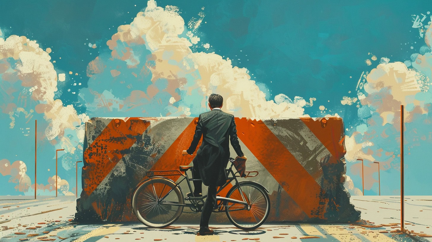 businessman on bicycle in front of giant roadblock