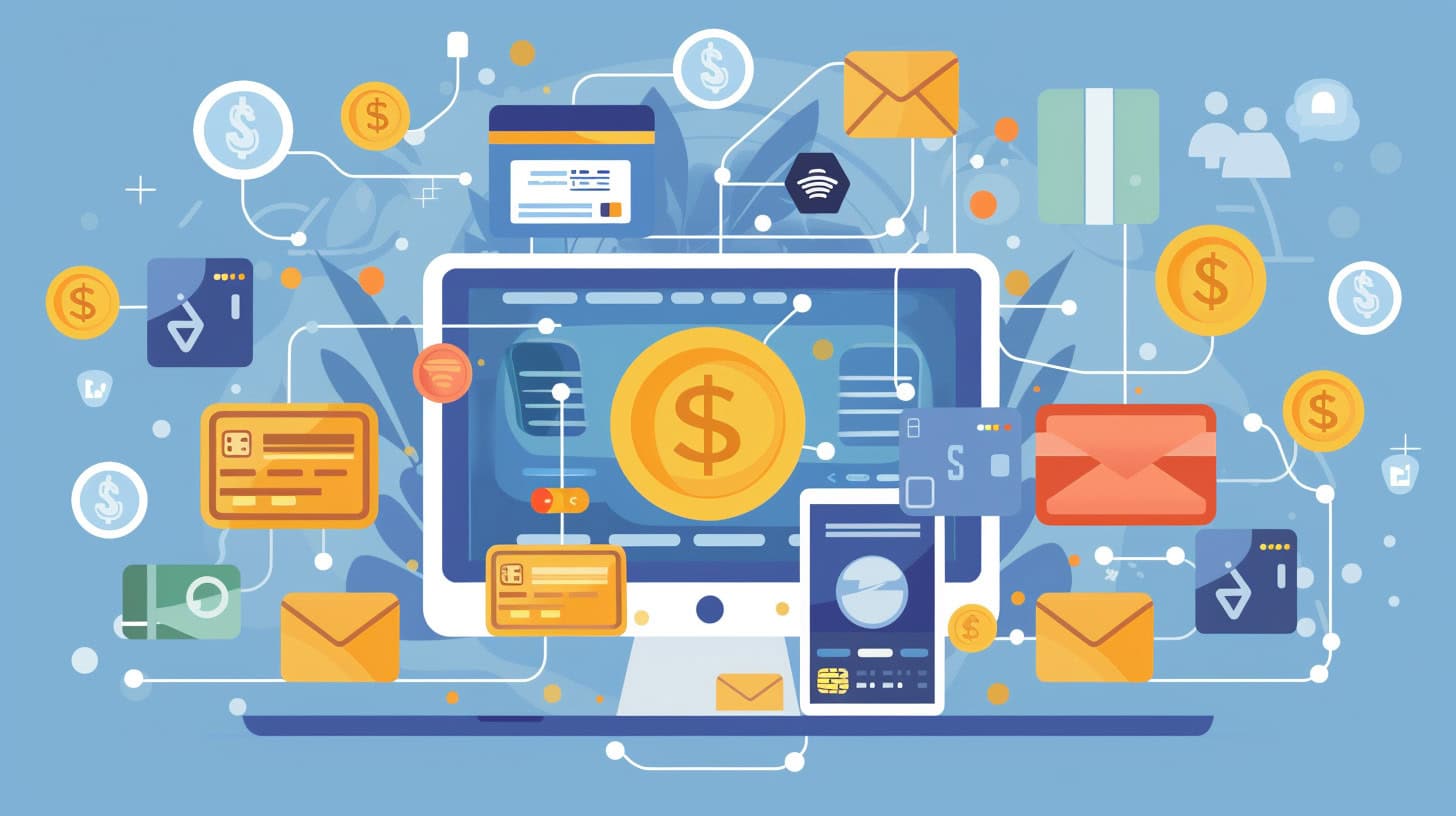 A computer and cell phone connected by stacks of coins, wifi, and digital payment solutions.