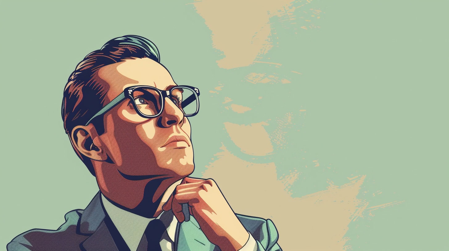 A businessman wearing glasses with his hand on his chin thinking.