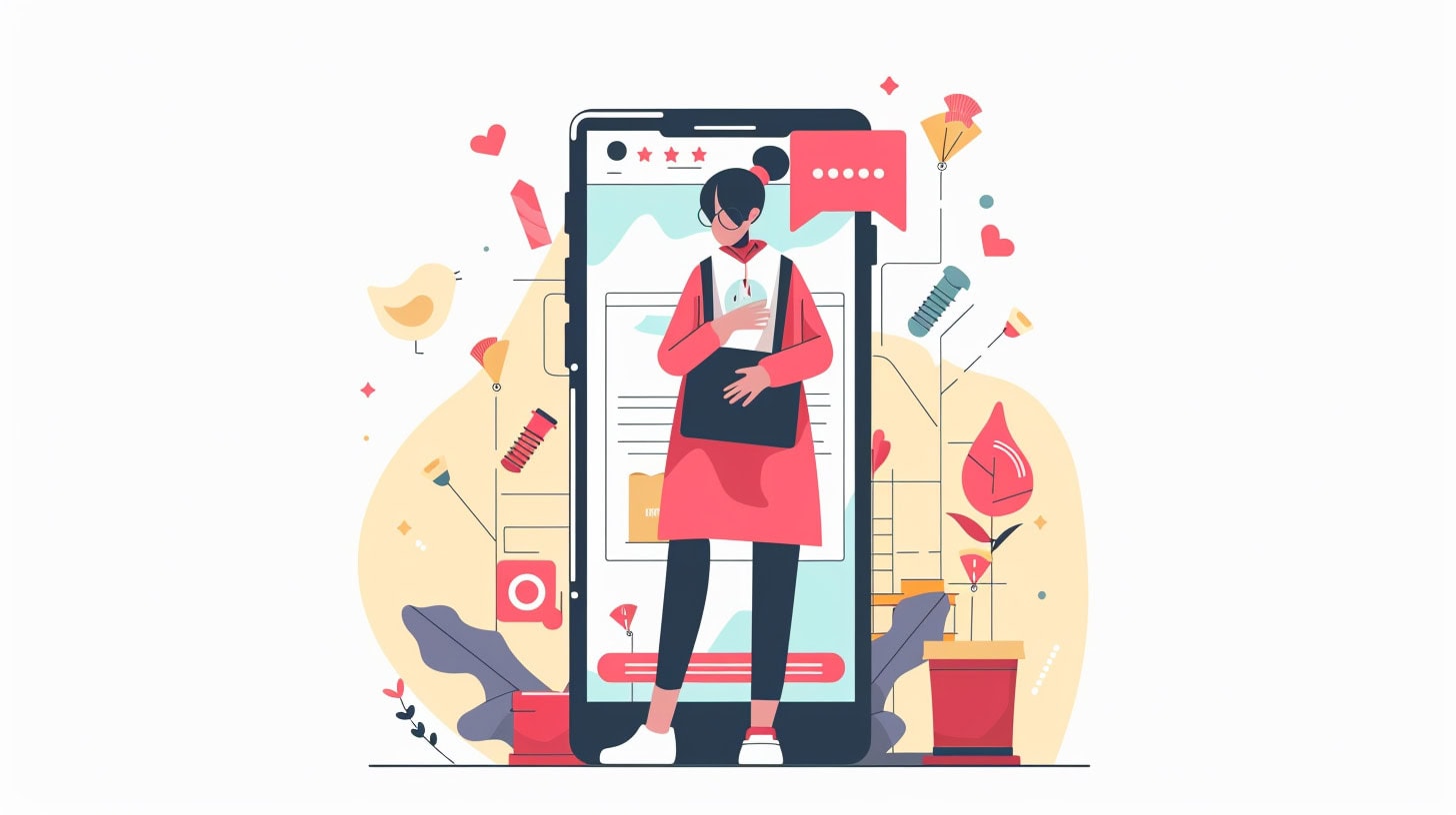 A mobile phone showing a social media-type screen with a person holding a purse.