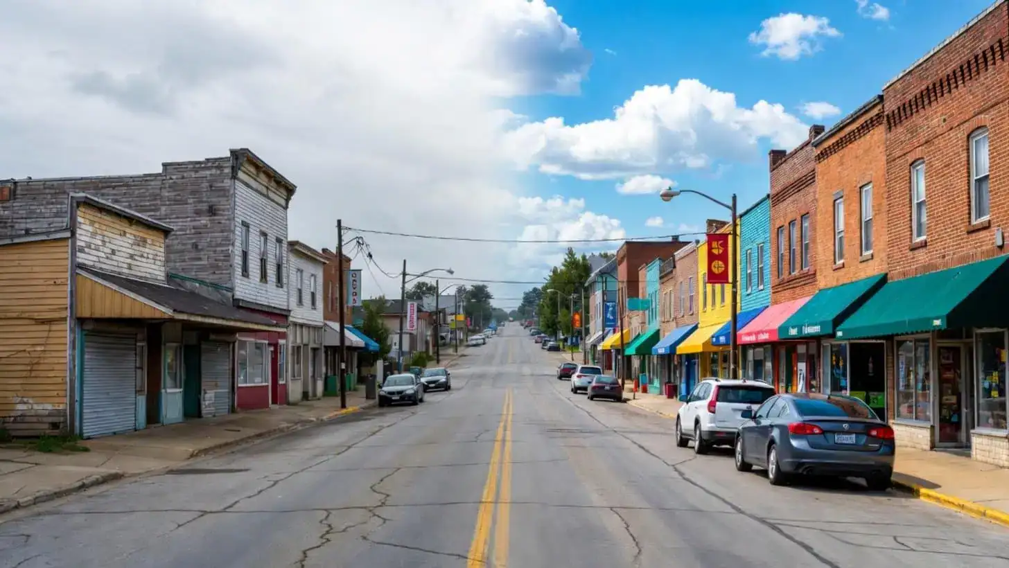 A rural main street with empty storefronts on one side and busy new shops on the other