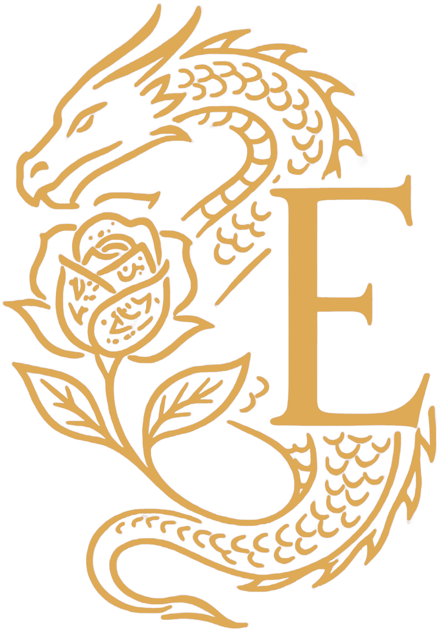 The Essence Swimwear logo featuring a gold dragon and rose emblem next to a large letter E, representing luxury style in Coeur d'Alene.