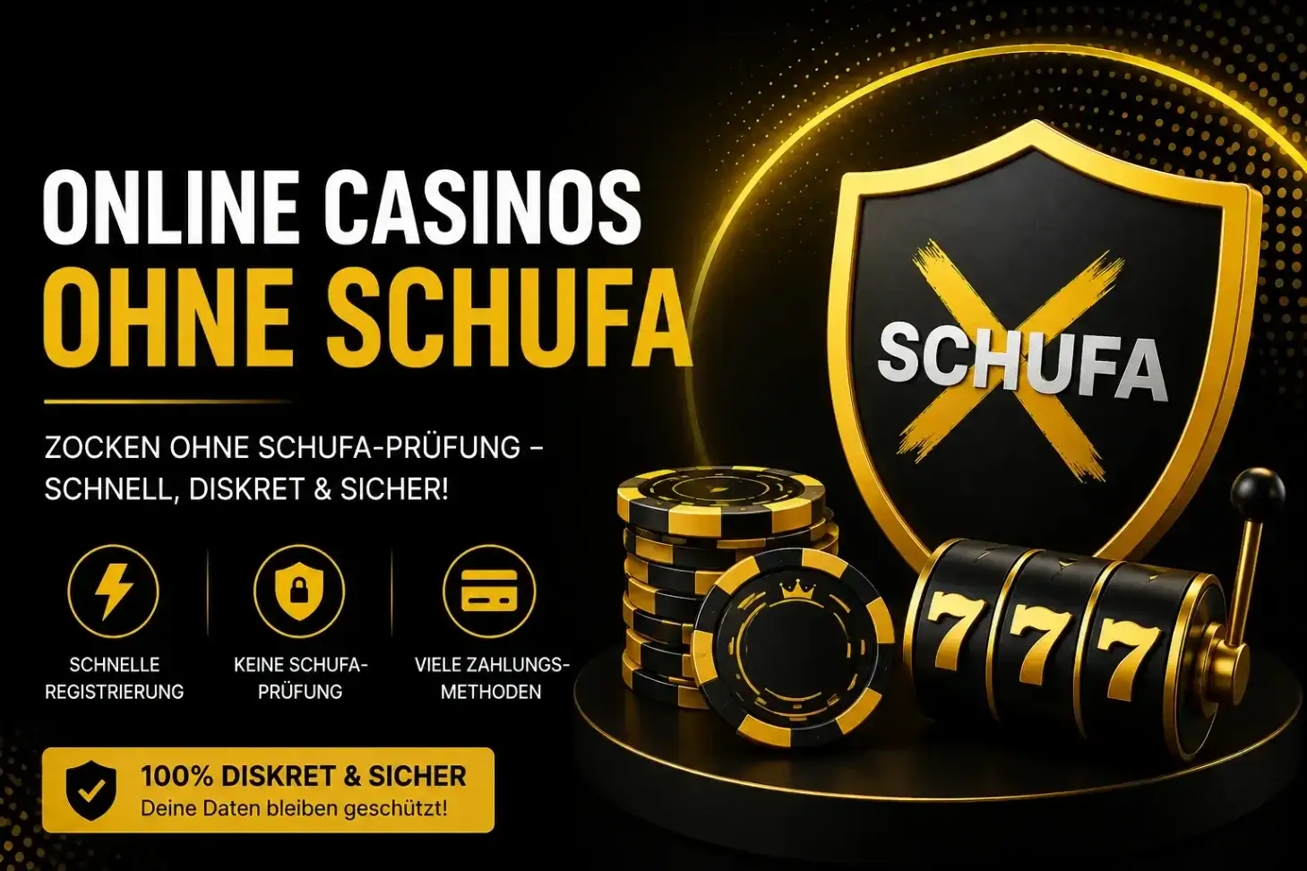 Online Casinos ohne Schufa: Schild mit durchgestrichenem Schufa-Schriftzug neben Jetons und Slot-Walze